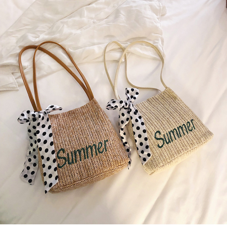 2022 Summer New Silk Scarf Decorated Bucket Straw Woven Bag Korean Style Fashion Woven Women's Bag Handbag