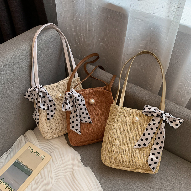 MZ Women's Woven Bucket Bag Large Capacity Straw Shoulder Handbag