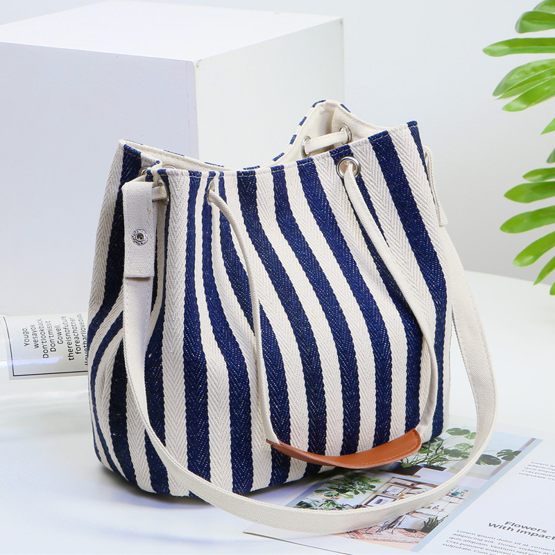 New Women's Canvas Bucket Bag Striped Shoulder Crossbody Multi-Use Korean Style Solid Color Mom Handbag