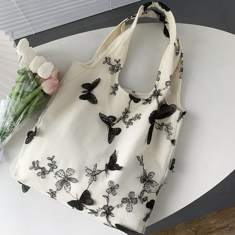 Embroidered Butterfly Lace Fairy Canvas Tote Bag Casual Shoulder Bag